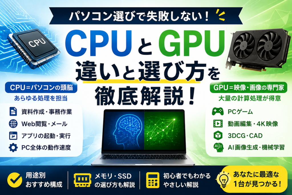 【初心者向け】パソコンのCPUとGPUの違いとは？失敗しない選び方を徹底解説