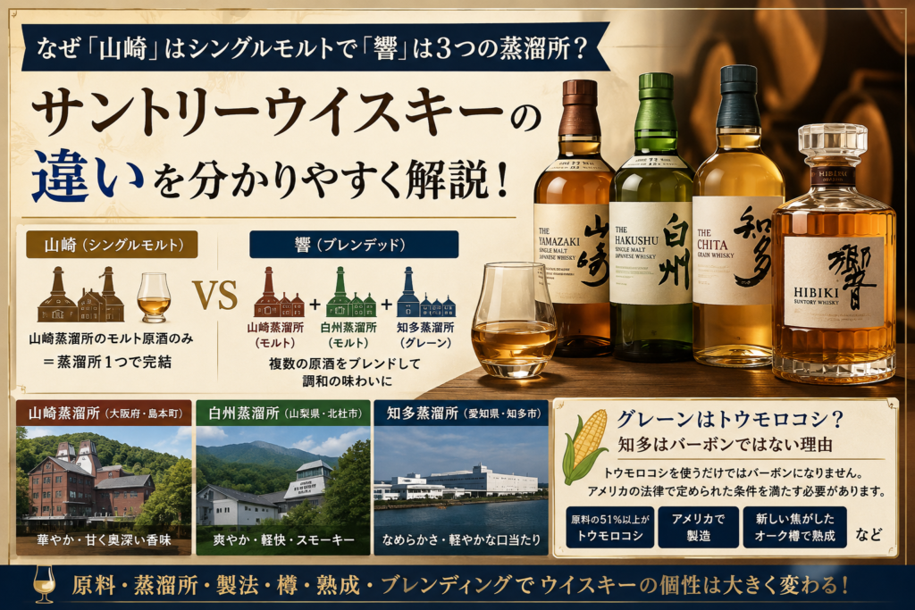 なぜ「山崎」はシングルモルトで「響」は3つの蒸溜所？サントリーウイスキーの違いを分かりやすく解説