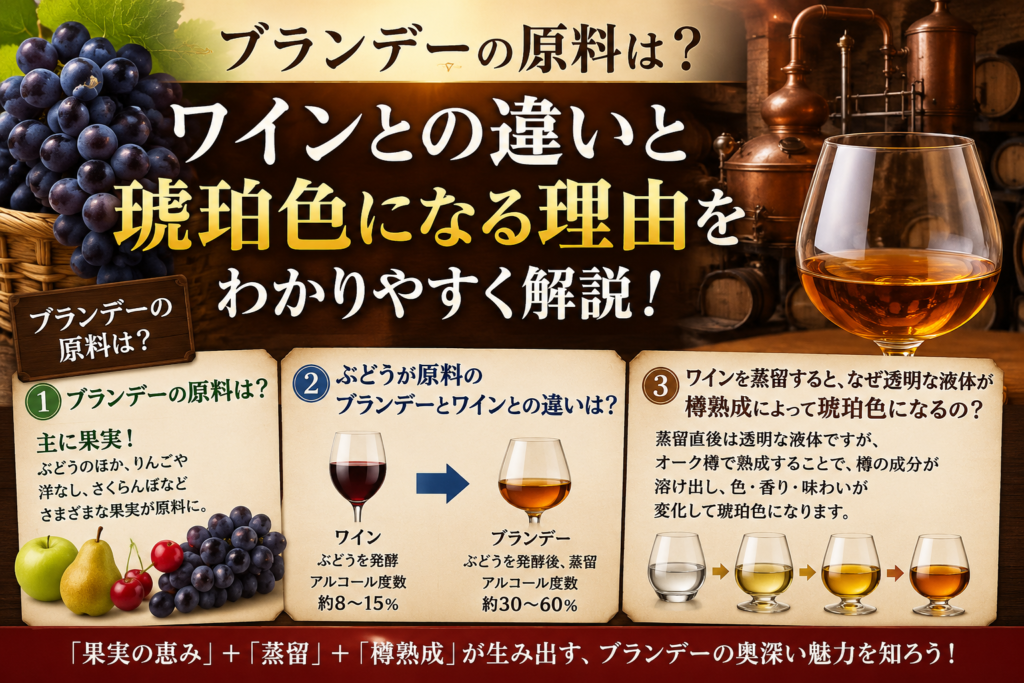 ブランデーの原料は?ワインとの違いと、透明なブランデーが琥珀色になる理由を徹底解説 ブランデーの原料は?ワインとの違いと、透明なブランデーが琥珀色になる理由を徹底解説